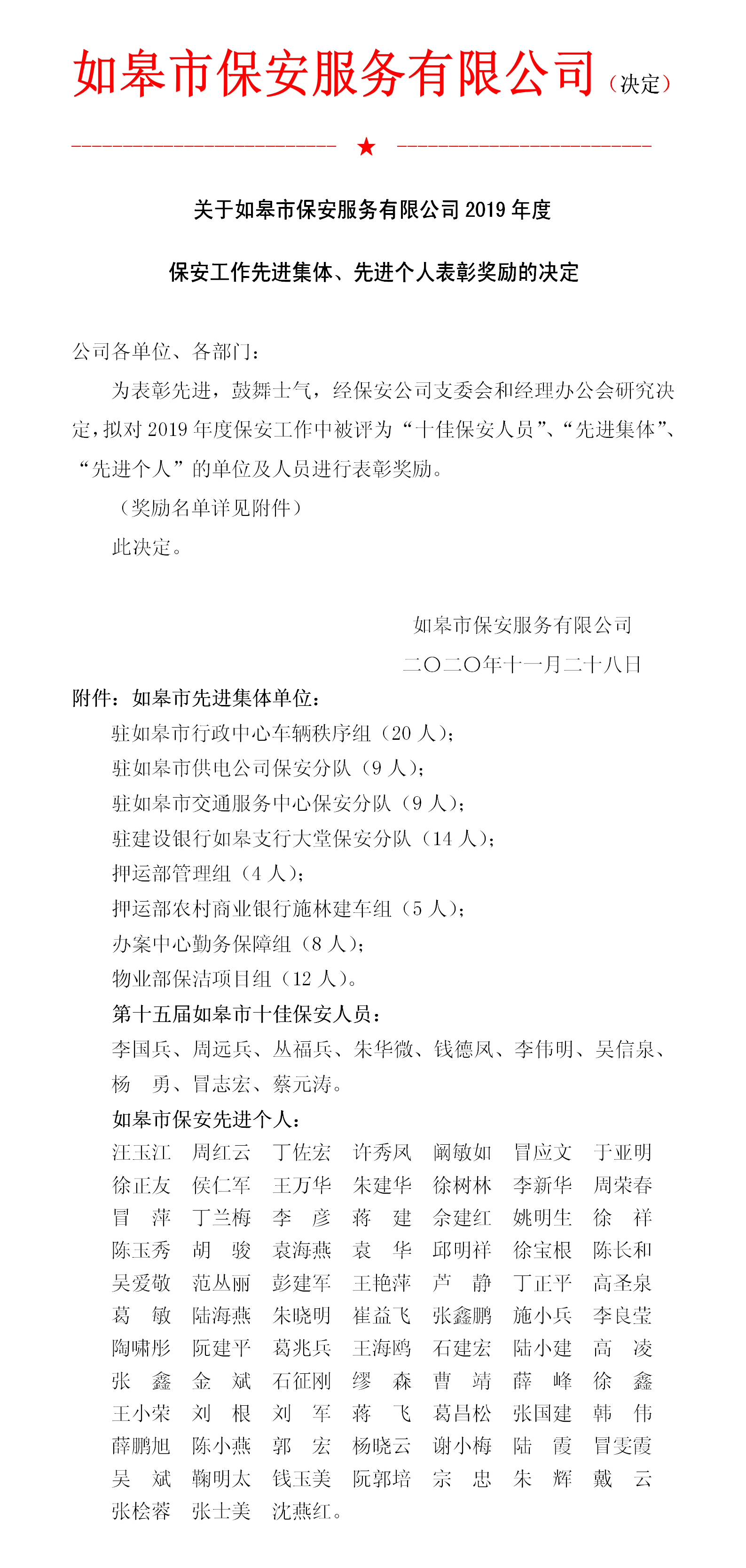 關于如皋市保安服務有限公司2019年度 保安工作先進集體、先進個人表彰獎勵的決定